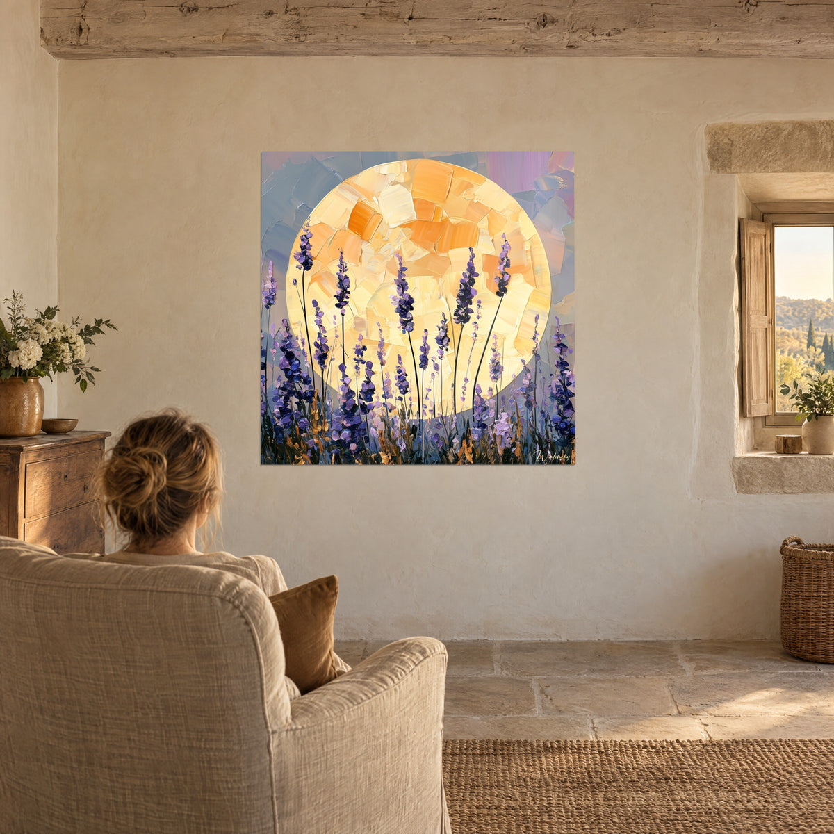 Wall art violet meadow backlit by an apricot star with cream highlights, whitewashed wall, linen armchair, stone window