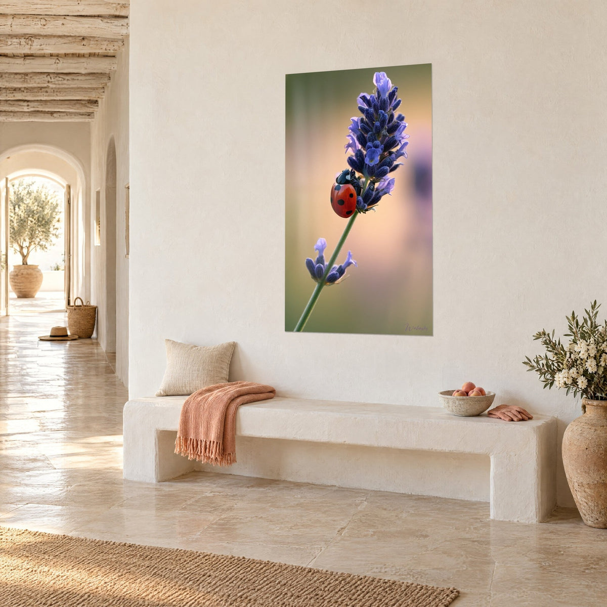 Wall art scarlet beetle climbing a green stem, blue-violet lavender flowers, on a white wall of a Mediterranean entrance