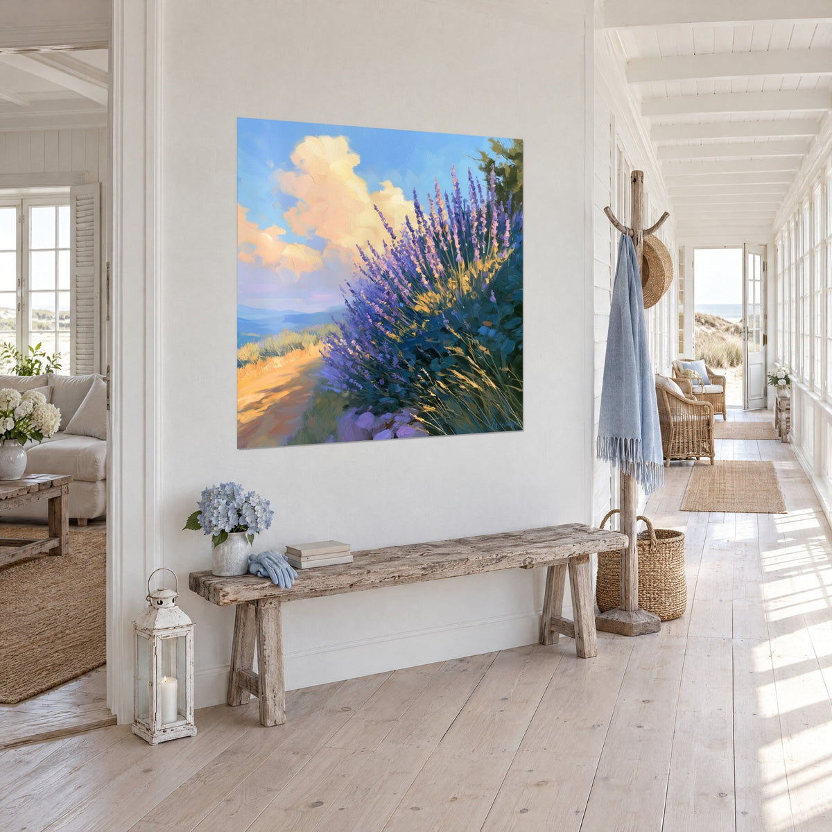 Cuadro matas de lavanda malva y dorada, cielo azul, sendero ocre, en el pasillo de una casa junto al mar