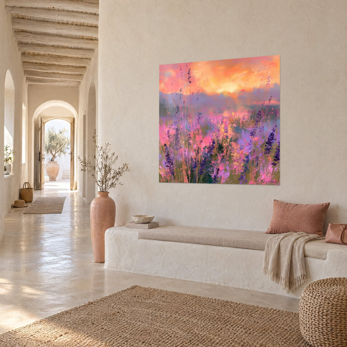 Wall art flowering meadow at dusk, apricot clouds and mauve haze, three-quarter view in a white vaulted hallway