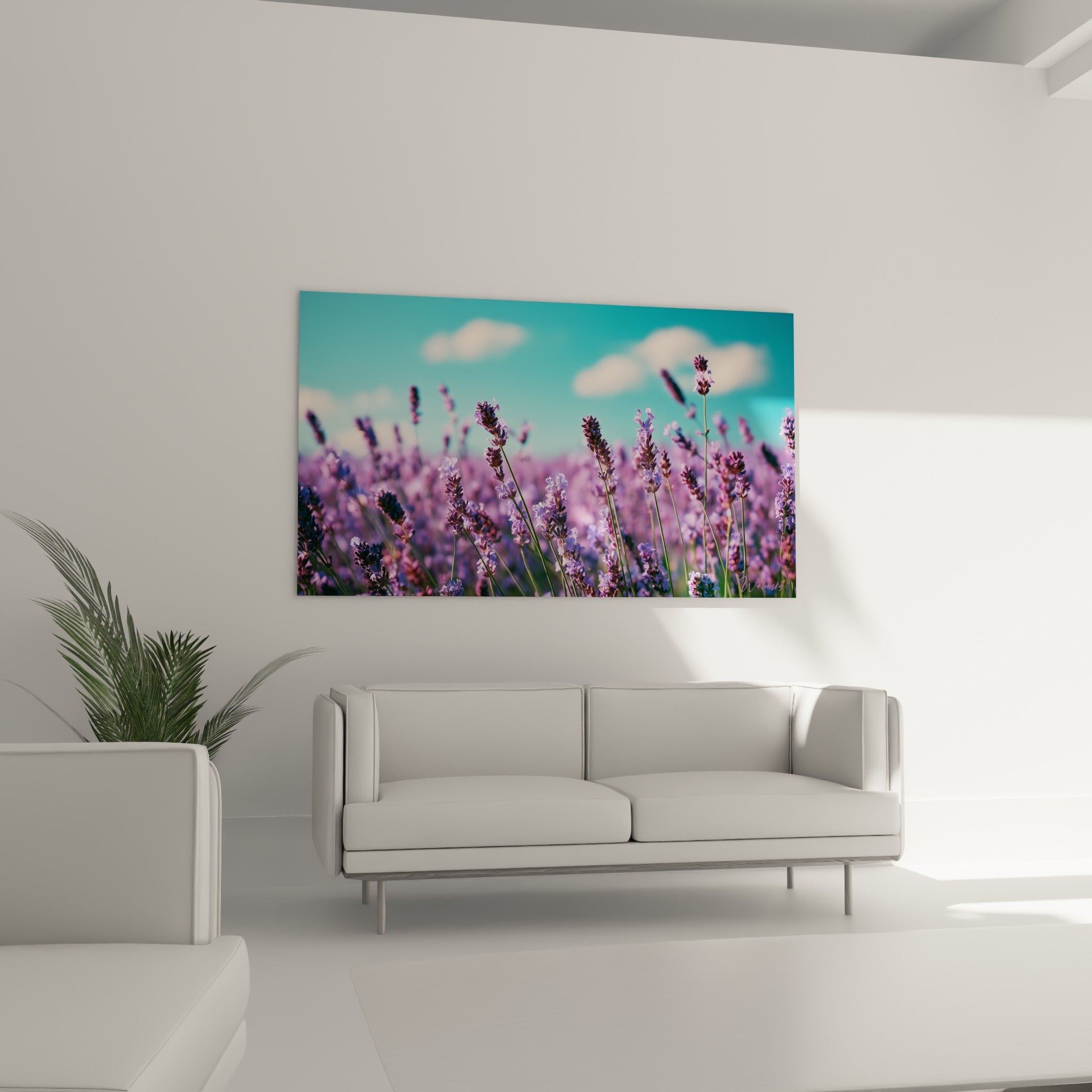 Champ de lavande violette et turquoise au-dessus d'un canapé dans un salon lumineux