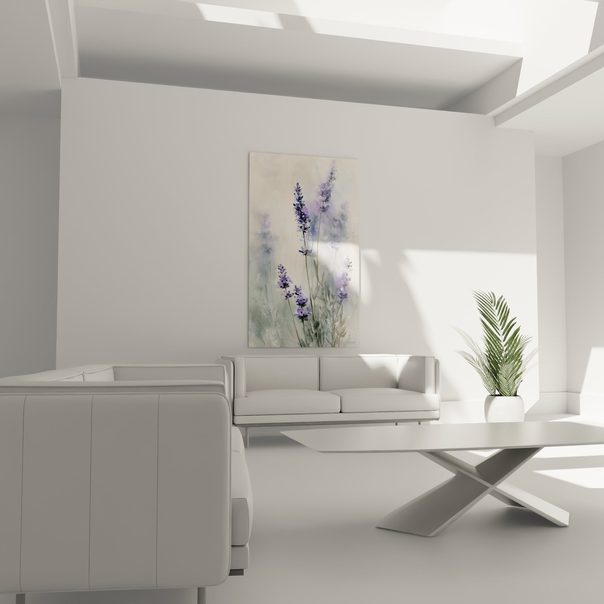 Brins de lavande mauve et gris-vert délicatement peints au-dessus d'un canapé dans un salon lumineux