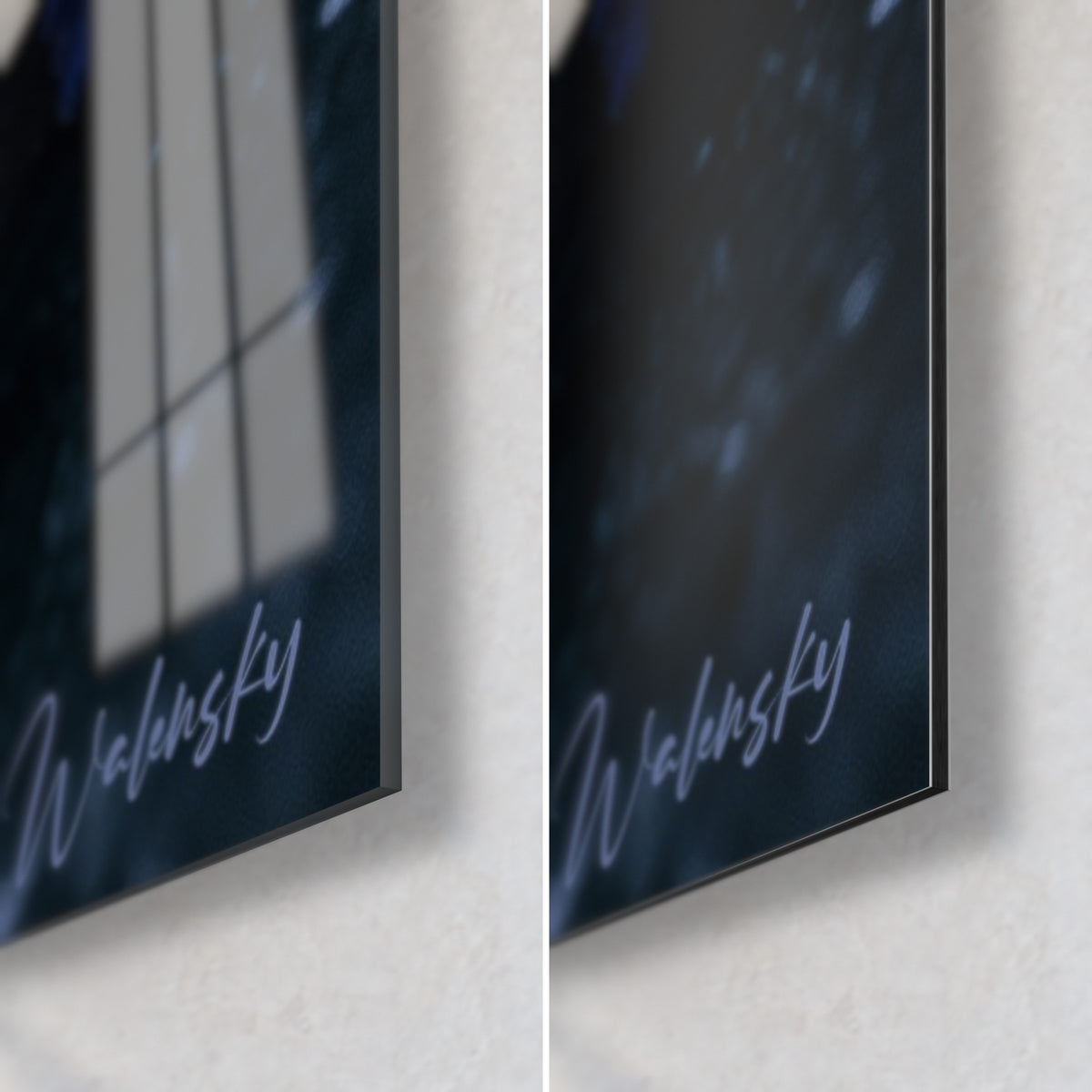 Wall art Midnight blue lavender sprigs, bottom right corner: glossy acrylic glass on the left, matte black Dibond aluminum on the right, 3 mm edge