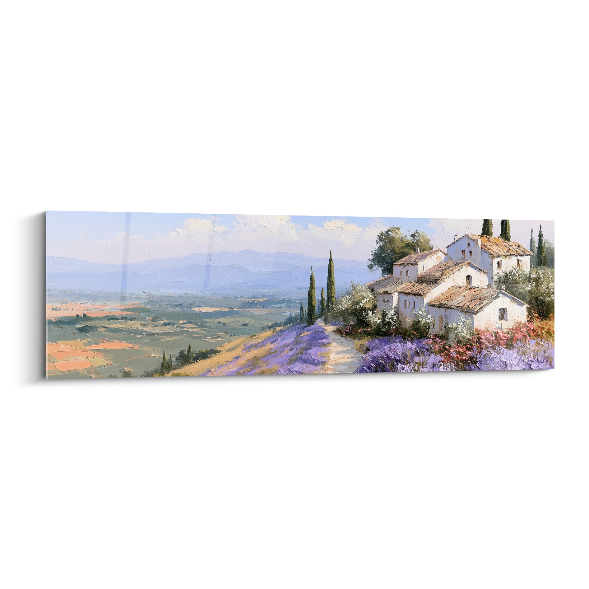 Hameau provençal aux toits ocre et champs mauve, peinture aux touches empâtées et lumière douce.