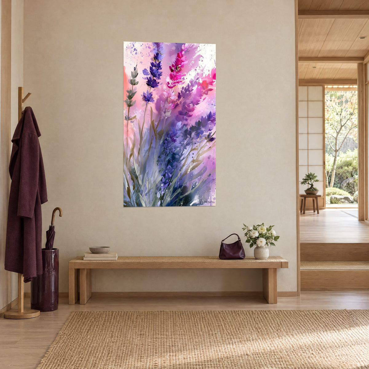 Wall art with a watercolor lavender bouquet, sage green stems and indigo flowers, on a beige wall beside a wooden bench