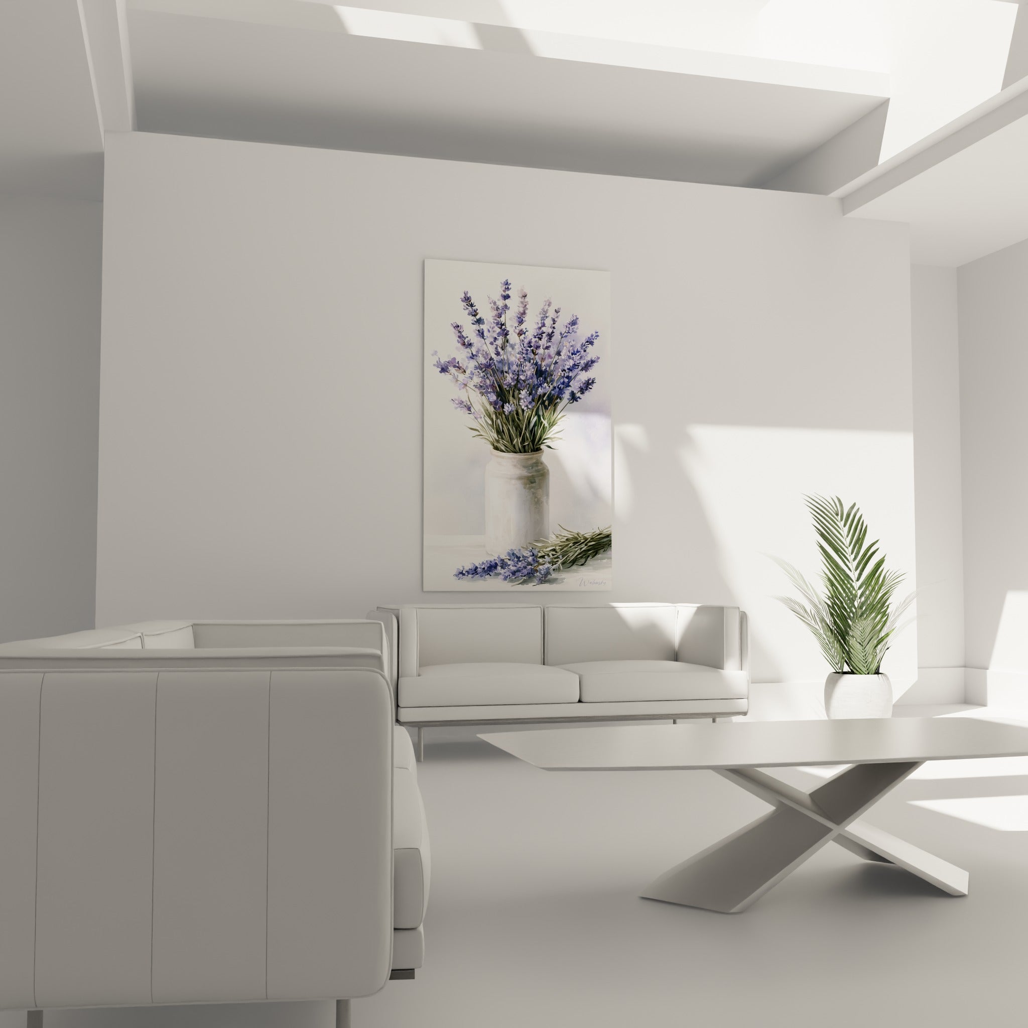 Bouquet lilas et blanc en céramique, au-dessus d'un canapé dans un salon lumineux