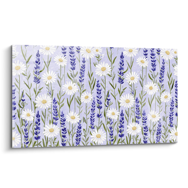 Tableau Marguerites blanches et épis indigo en rangs serrés - Motif floral répétitif - Edition Lavande