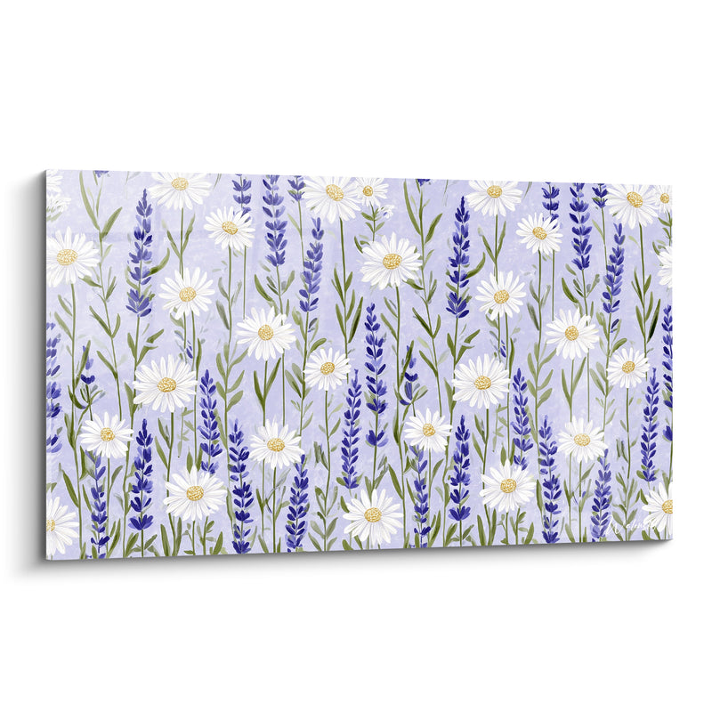 Tableau Marguerites blanches et épis indigo en rangs serrés - Motif floral répétitif - Edition Lavande