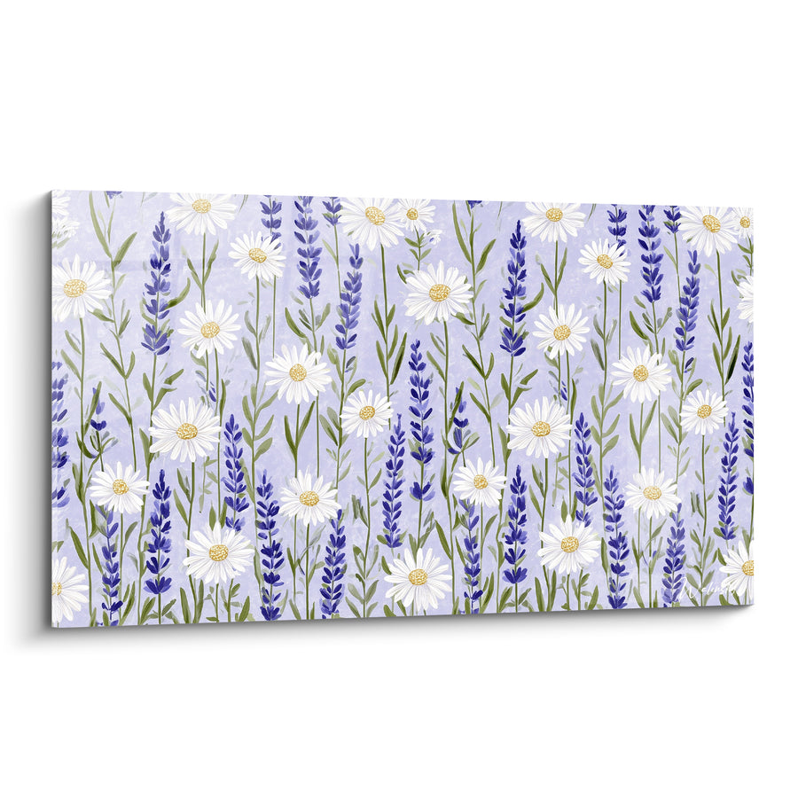 Tableau Marguerites blanches et épis indigo en rangs serrés - Motif floral répétitif - Edition Lavande
