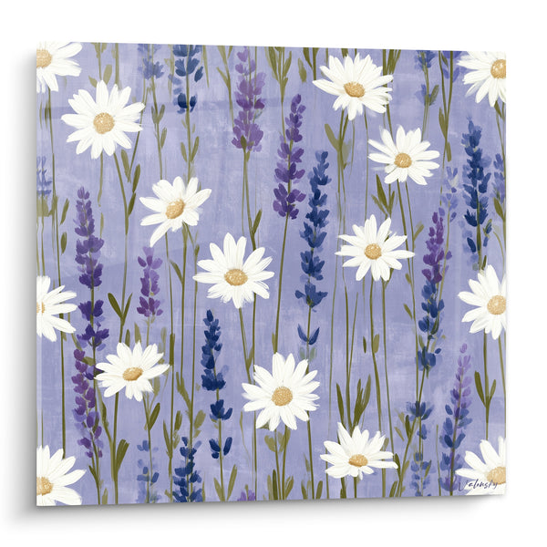 Tableau Marguerites blanches et épis violets - Champ fleuri d'été - Edition Lavande