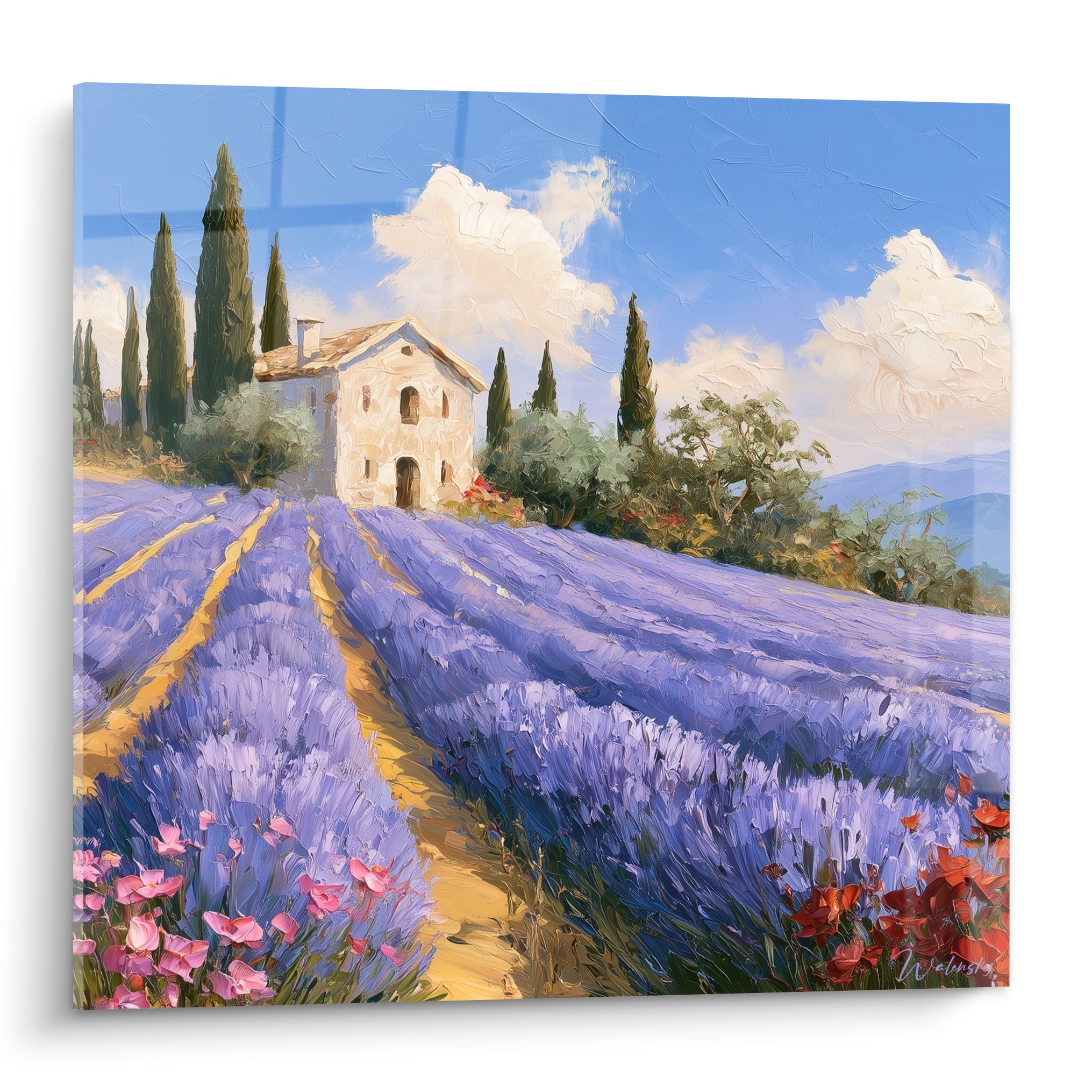 Champ de lavande violet et mas en pierre claire sous un ciel bleu, peinture texturée