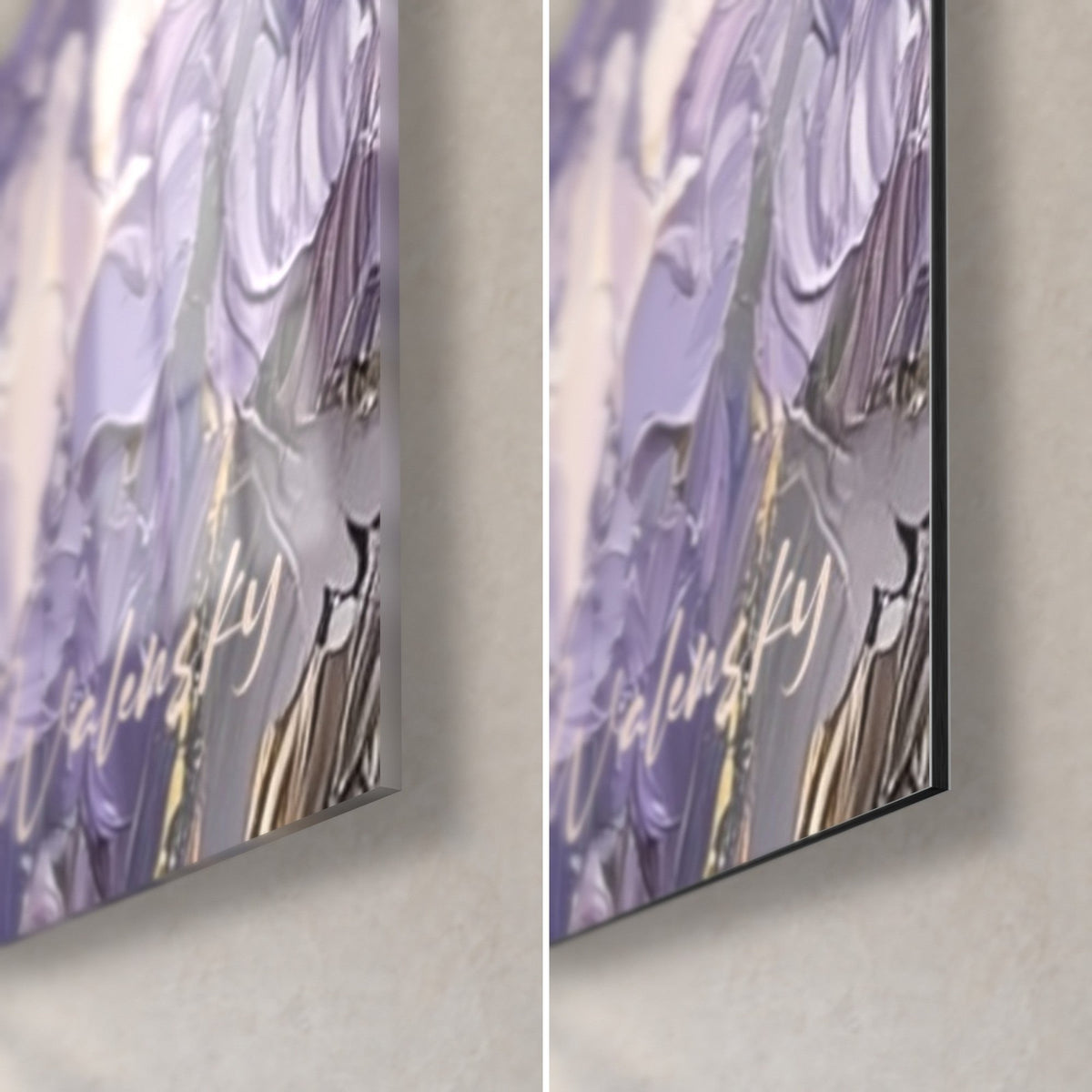 Quadro campo viola e bianco, angolo in basso a destra in vetro lucido che riflette la luce e Dibond grigio opaco, spessore 3 mm