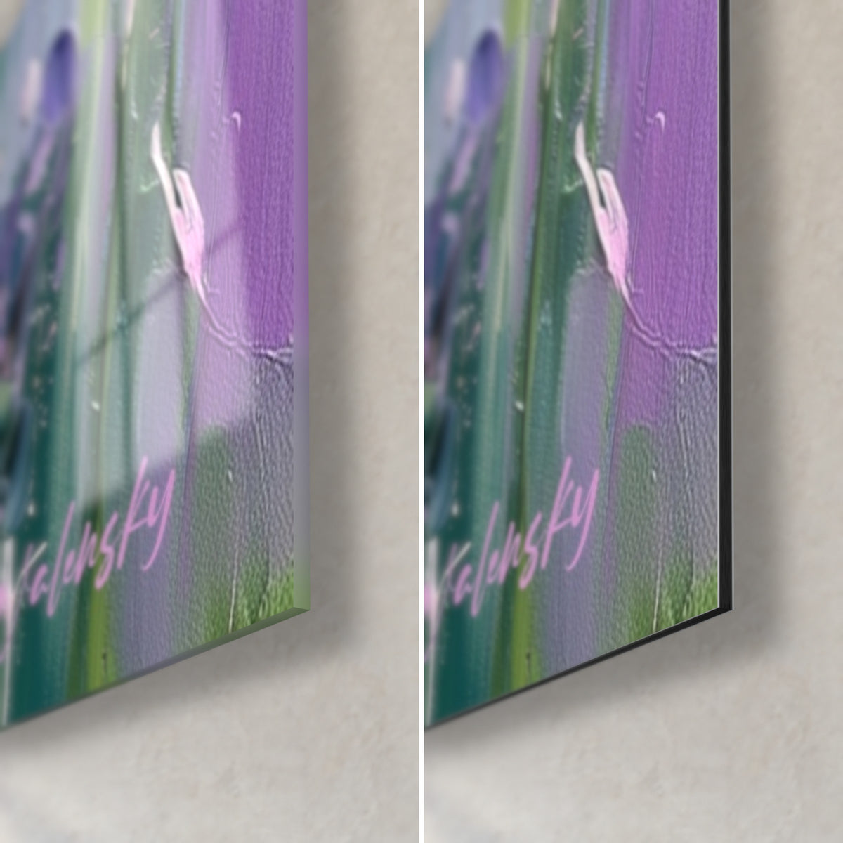 Wall art bouquet of mauve lupines, lower right corner, glossy acrylic glass reflections on the left, matte Dibond aluminium and edge on the right