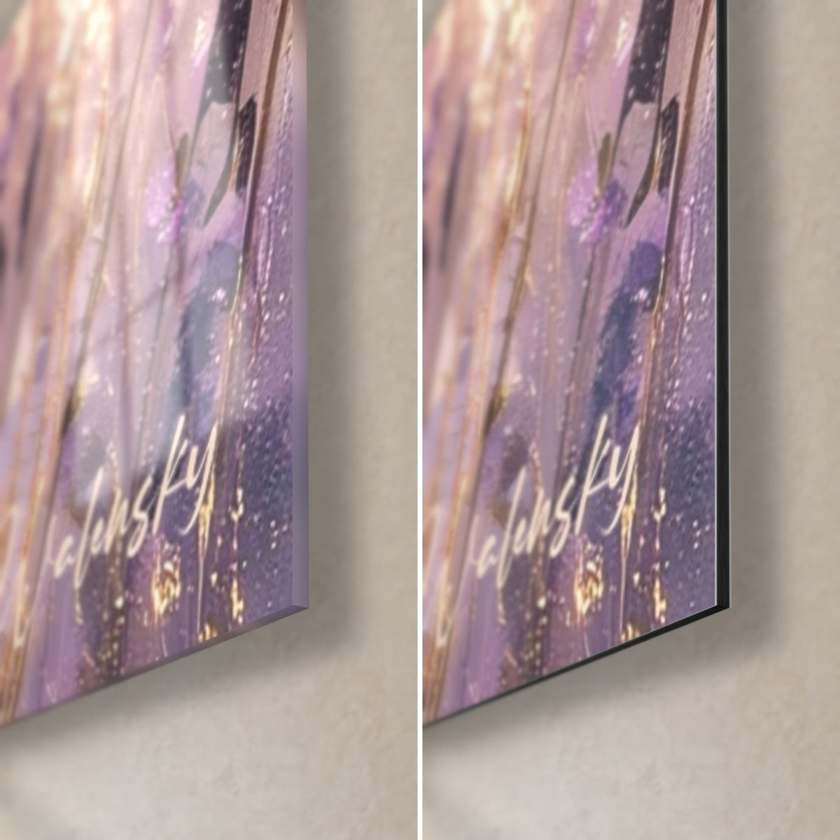 Cuadro lavanda de tallos violetas y destellos dorados, esquina inferior derecha en cristal brillante y aluminio Dibond mate, grosor de 3 mm