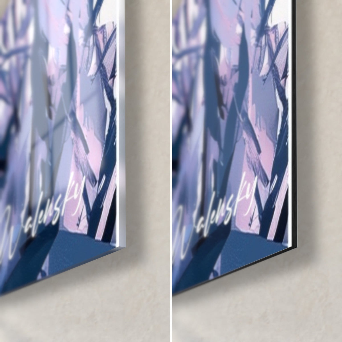 Gemälde violette Lavendelähren, untere rechte Ecke: glänzendes Acrylglas links, matt gebürstetes Dibond rechts, 3 mm Kante