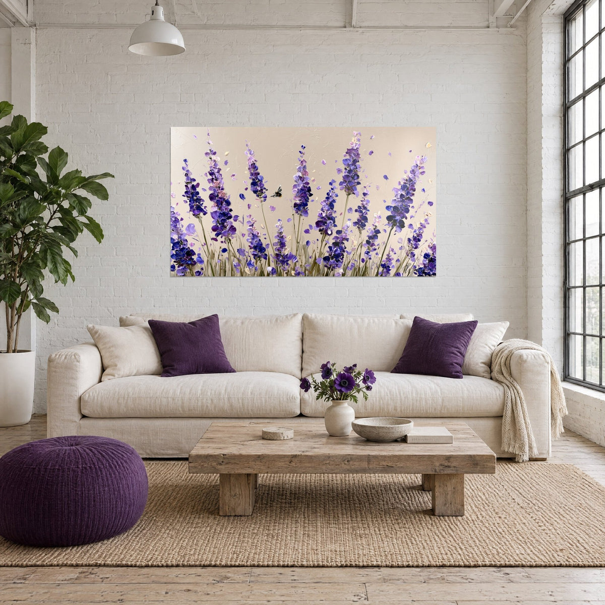 Wall art lavender spikes in violet and indigo impasto, pink petals on sandy beige background, above a sofa in a bright living room