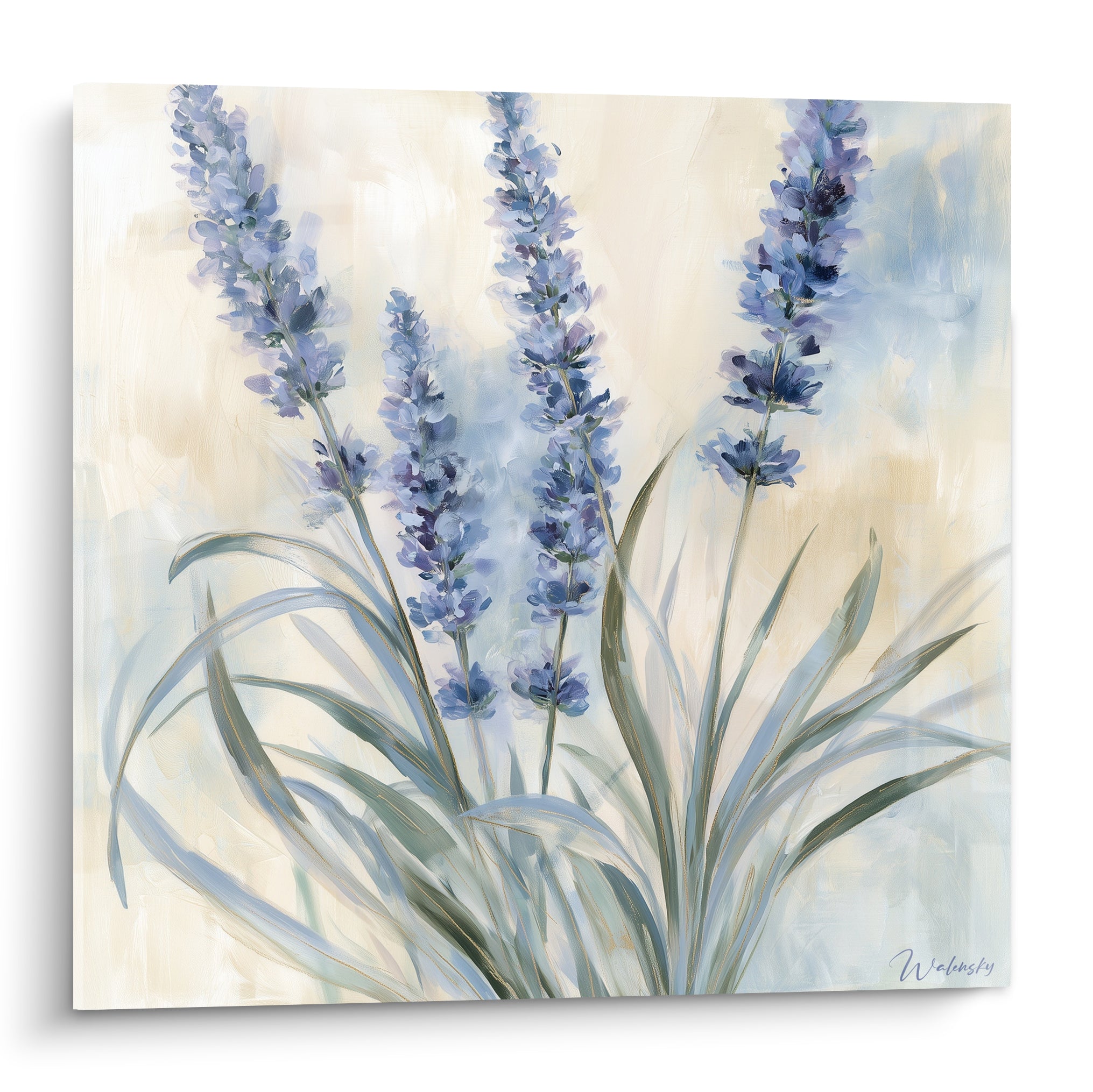 Tiges de lavande mauve et bleu pastel peintes sur fond beige crème texturé