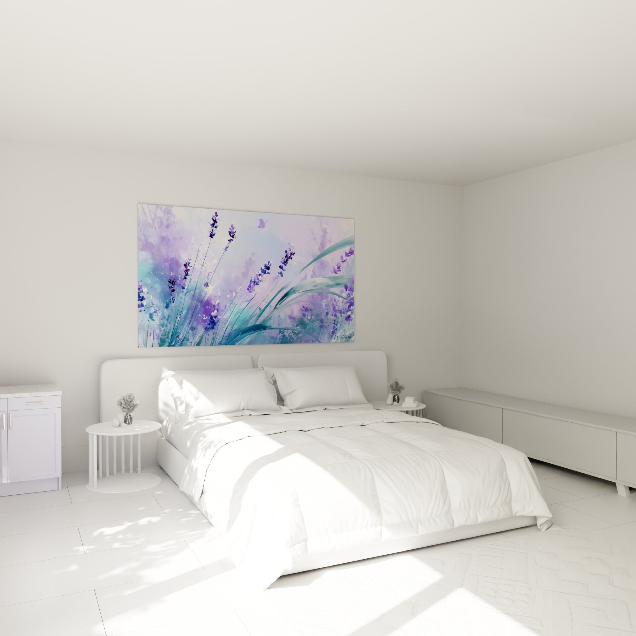 Champ de lavande mauve et turquoise au-dessus d'un lit dans une chambre claire
