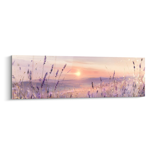 Tableau Épis violets et pêche au soleil bas - Vallée embrumée au loin - Edition Lavande