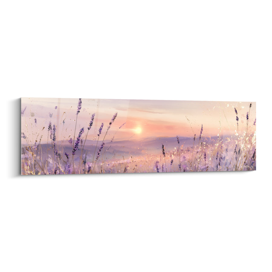 Tableau Épis violets et pêche au soleil bas - Vallée embrumée au loin - Edition Lavande