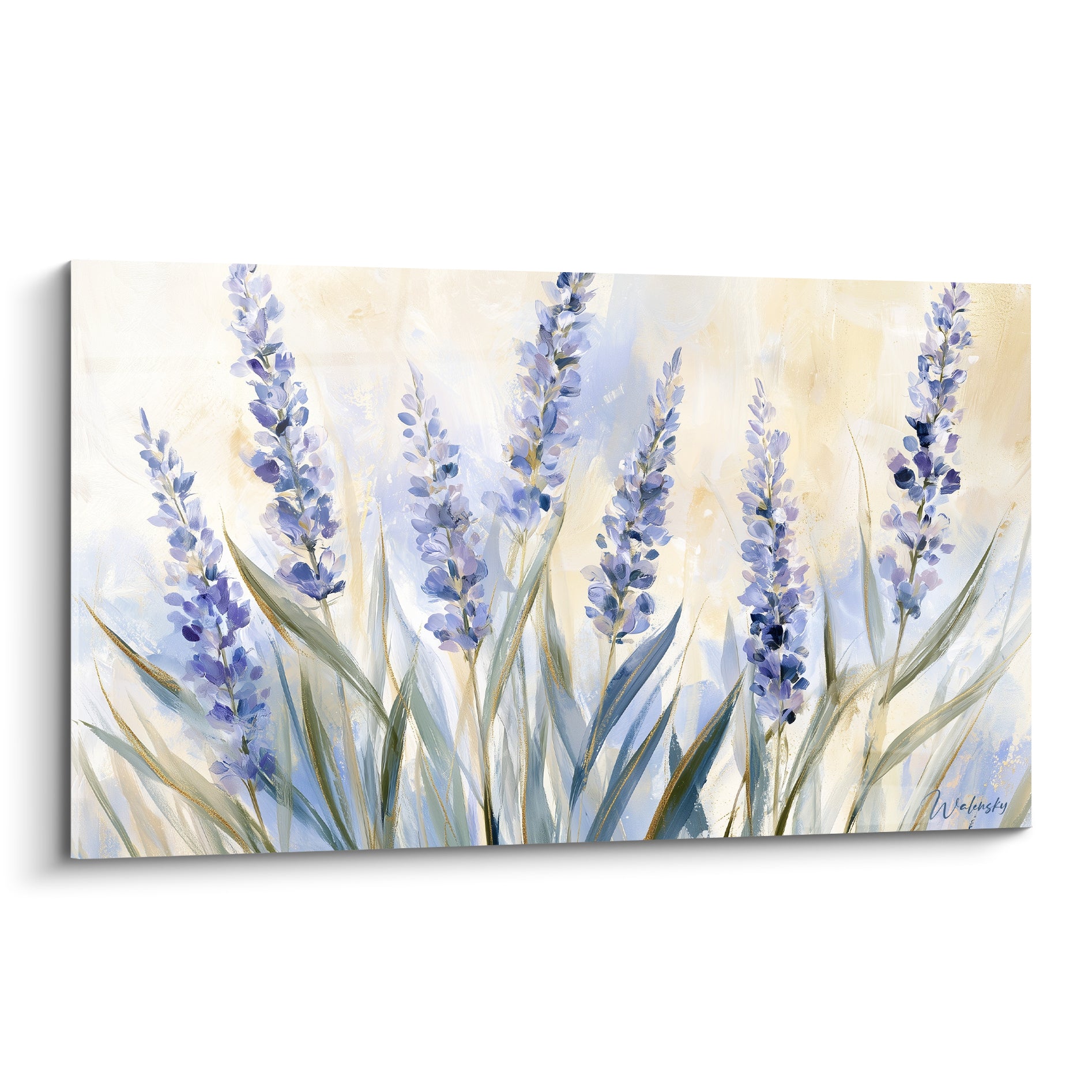Lavande mauve aux tiges dorées peinte à l'aquarelle sur fond ocre et blanc cassé lumineux