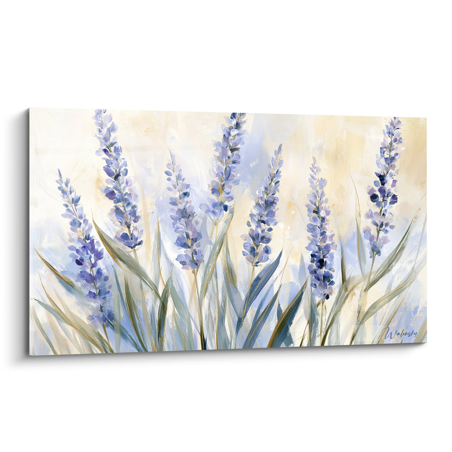 Tableau Épis violets et ivoire aux longues feuilles - Feuillage effilé vertical - Edition Lavande