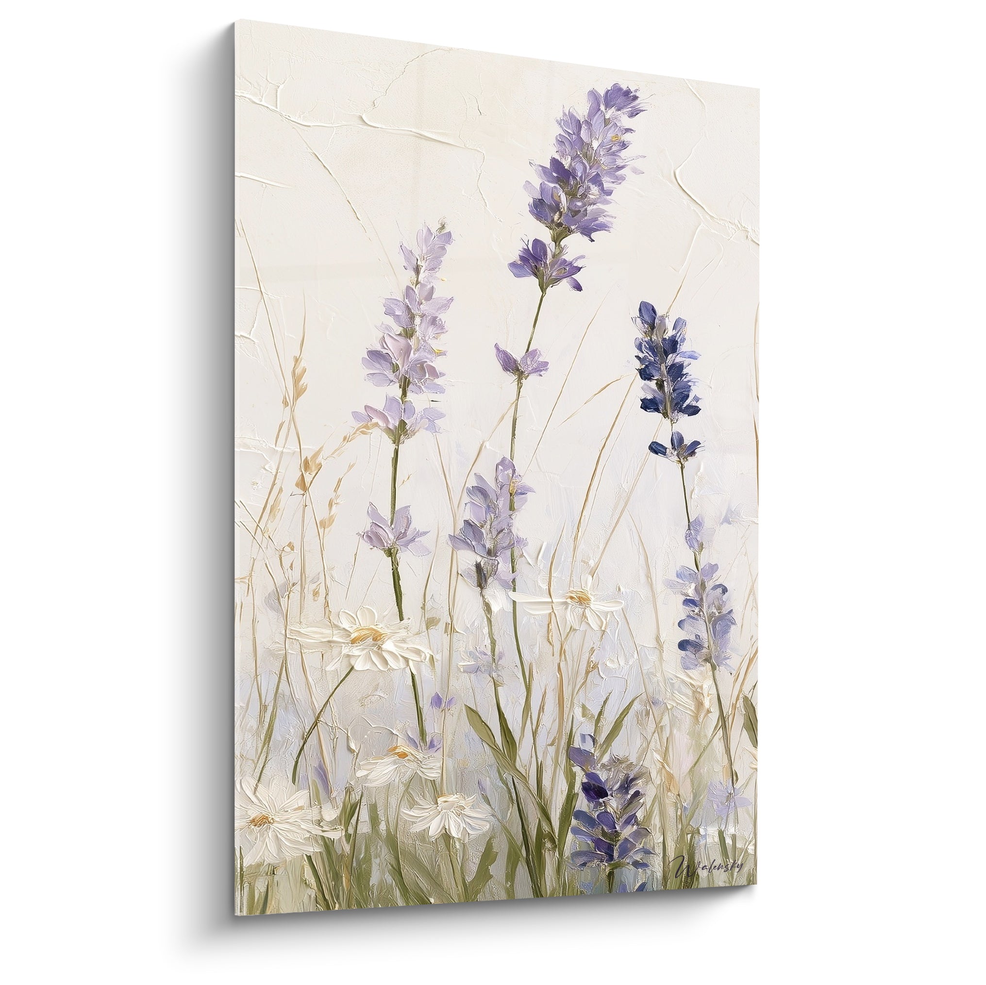 Lavande mauve et marguerites blanches peintes en relief épais sur fond ivoire craquelé
