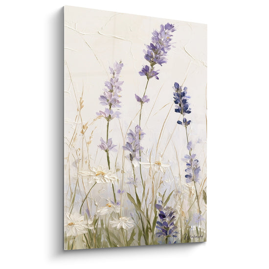 Lavande mauve et marguerites blanches peintes en relief épais sur fond ivoire craquelé
