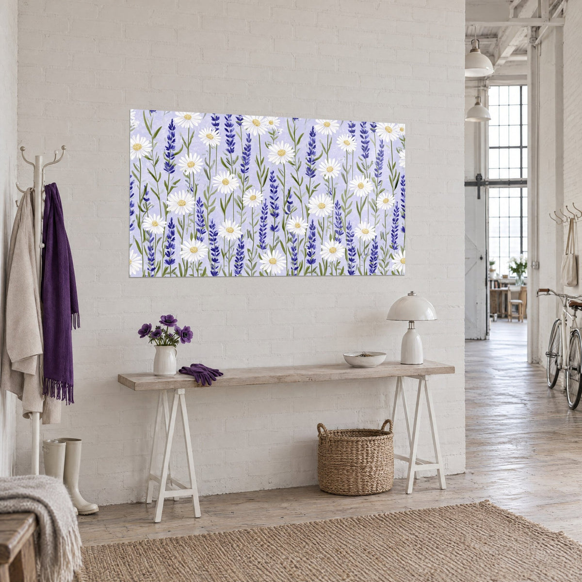 Wall art lavender field and white flowers in tight rows, olive green stems on a lilac background, on a white brick wall