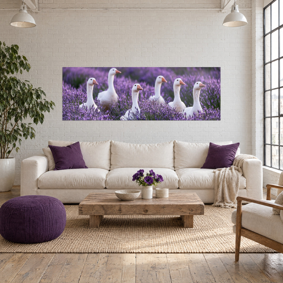 Tableau six oies blanches au bec orangé dressées dans la lavande violette, au-dessus d'un canapé dans un salon lumineux