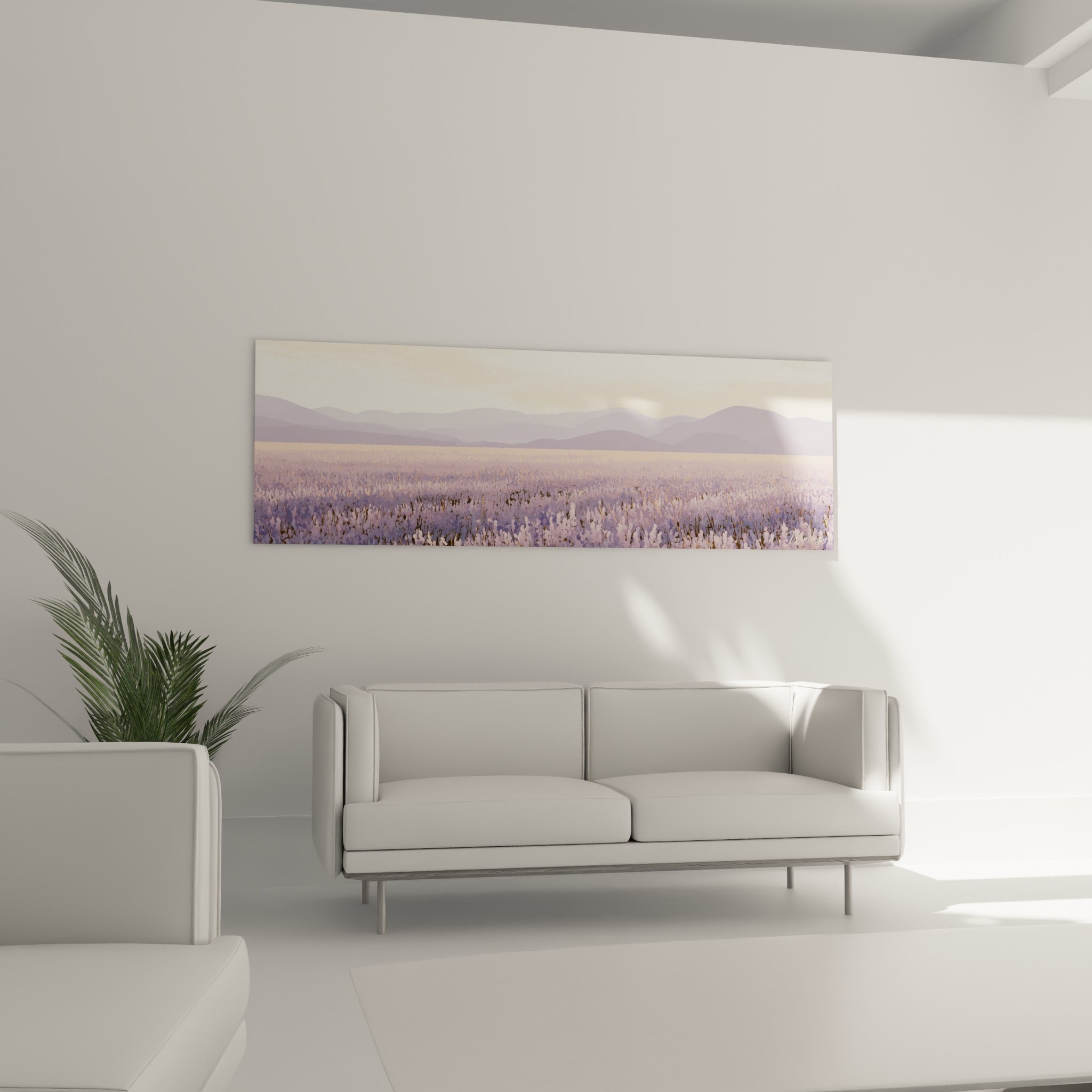 Paysage doré et mauve d'un champ de lavande au-dessus d'un canapé dans un salon lumineux