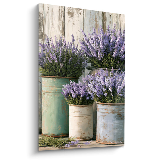 Tableau Bouquets de lavande en pots patinés - Cueillette provençale - Edition Lavande