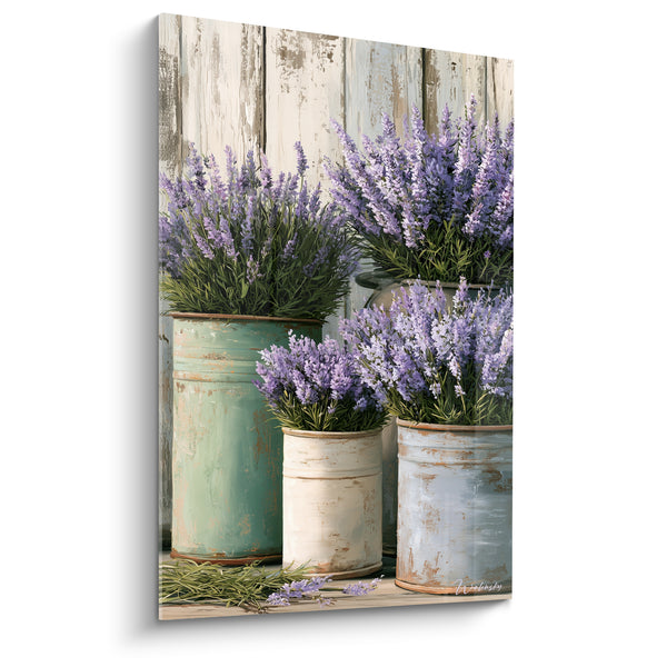 Tableau Bouquets de lavande en pots patinés - Cueillette provençale - Edition Lavande