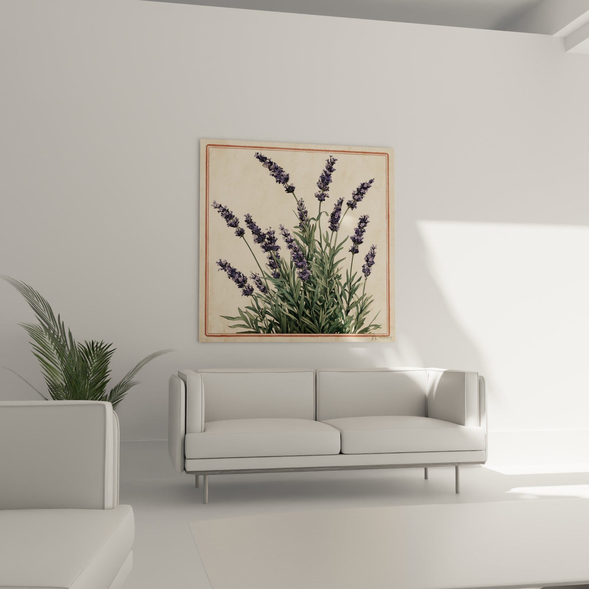 Tiges de lavande violette et ocre suspendues au-dessus d'un canapé dans un salon lumineux
