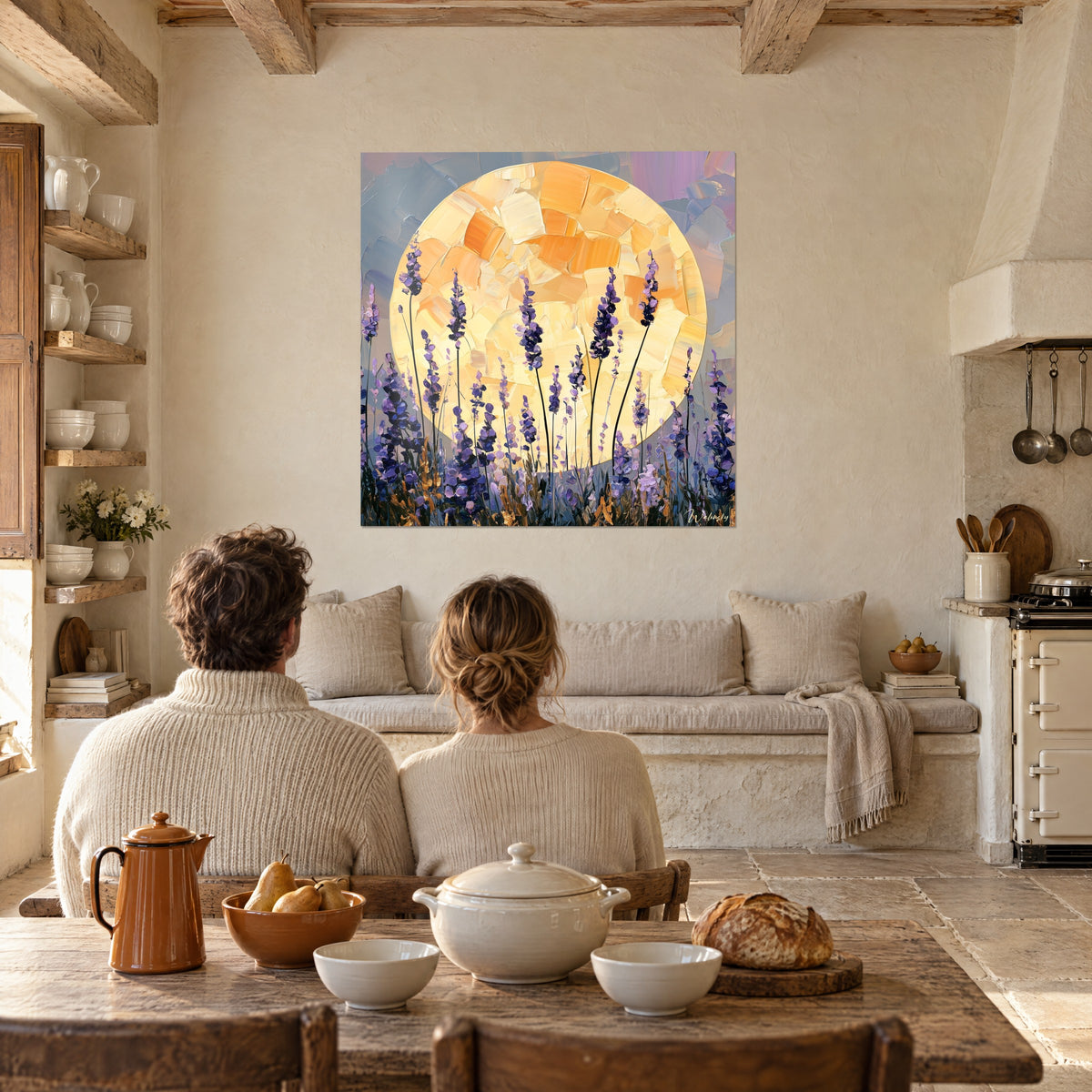 Wall art Provençal dusk: lilac lavender and golden sun in thick impasto, stone wall, rustic dining room
