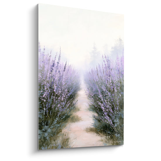 Tableau Sentier violet et vert entre rangées fleuries - Échappée matinale - Edition Lavande