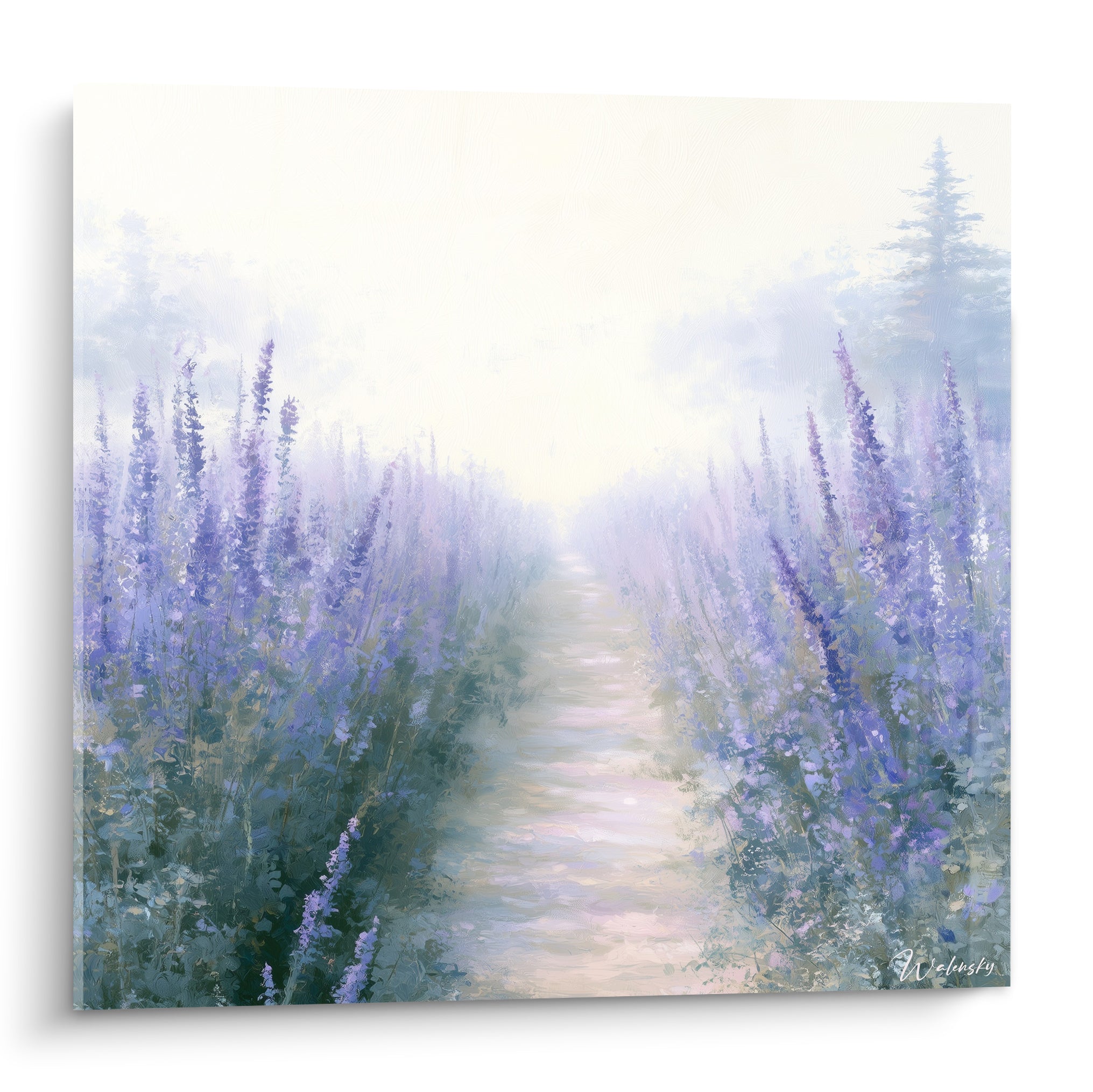 Sentier violet et vert traversant un champ de lavande brumeux, peinture aux touches douces