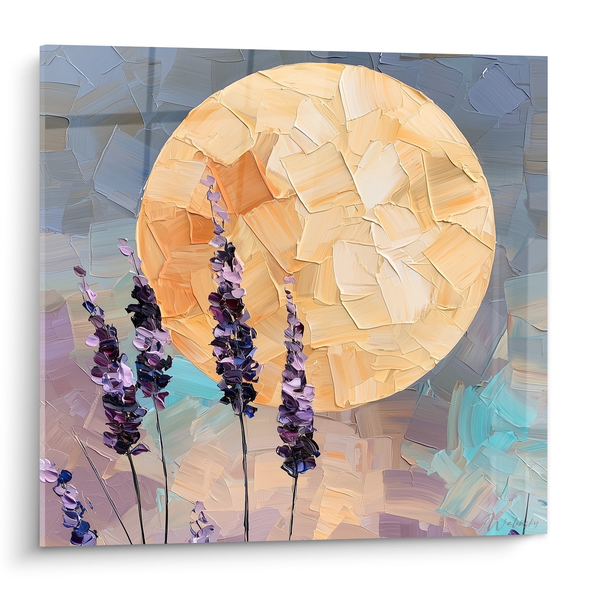 Lavande violette et soleil doré texturé sur fond gris bleuté, peinture au couteau expressive