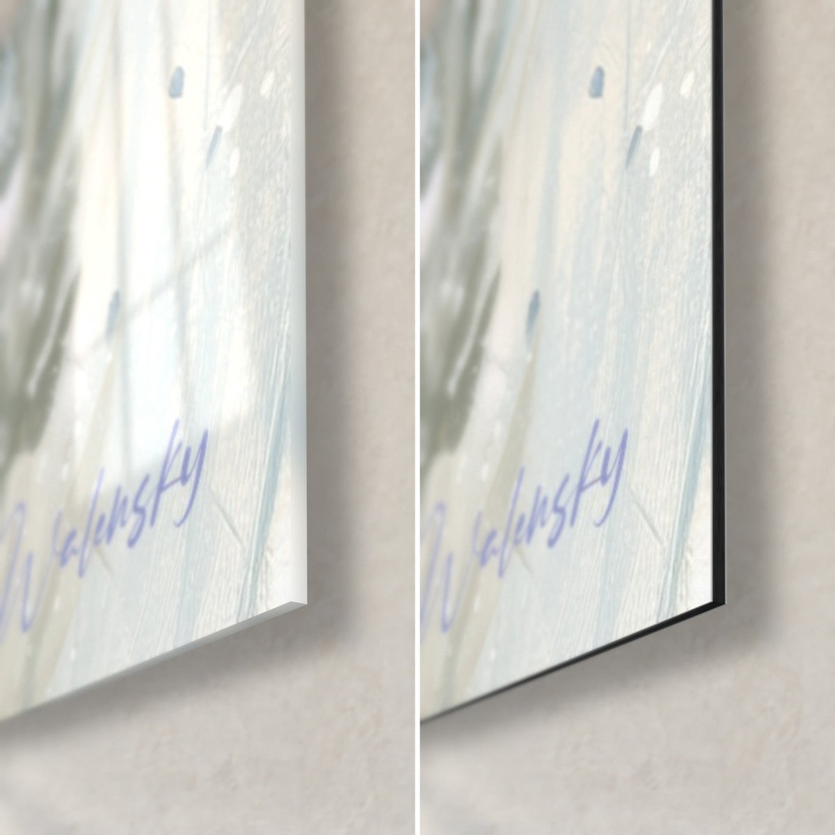 Schilderij mauve en saliegroene lavendeltakjes, rechtsonder hoek: glanzend glas links, mat zwart Dibond rechts, dunne rand