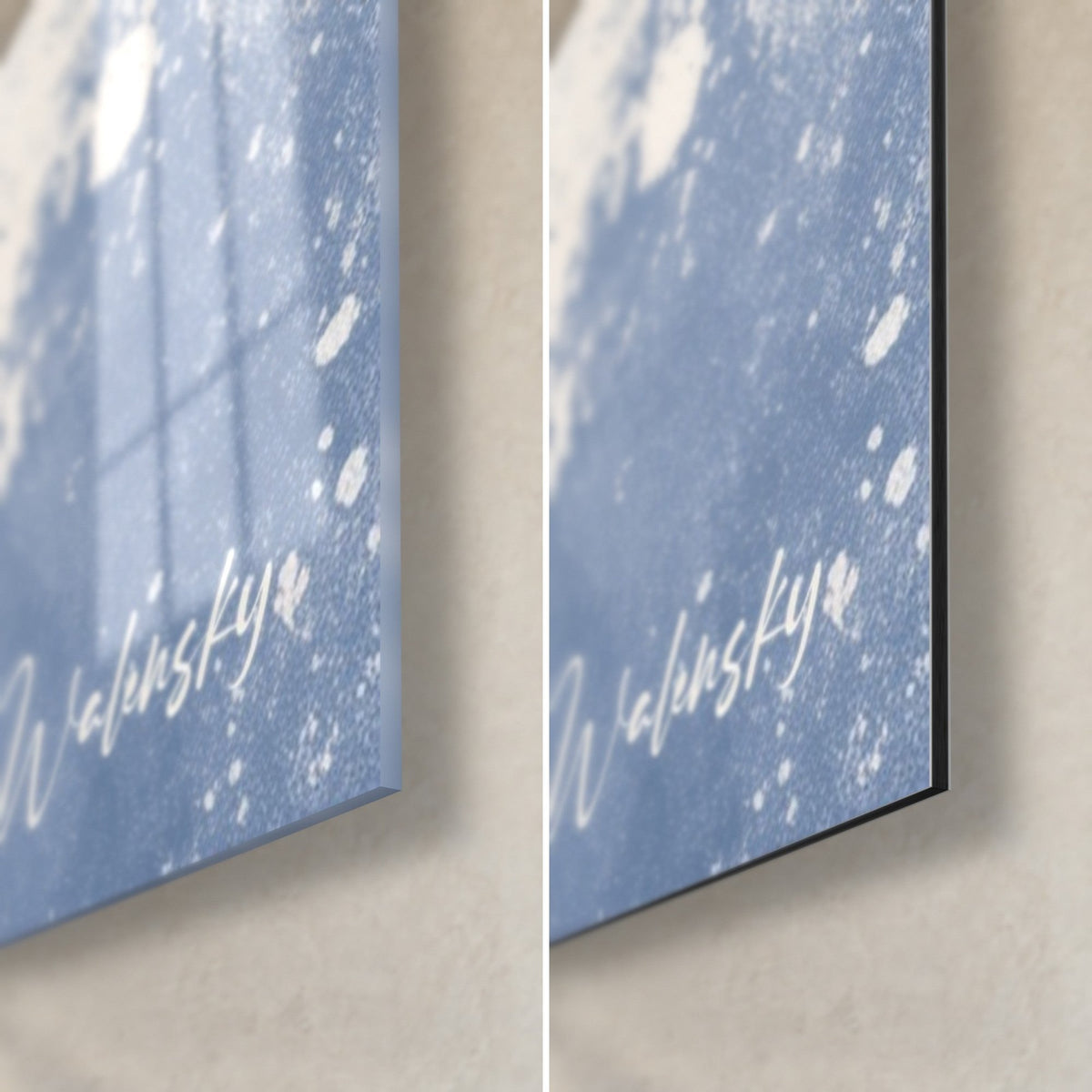 Gemälde mit Indigo-Lavendel, untere rechte Ecke: glänzendes Acrylglas links, mattes Dibond-Aluminium rechts, 3 mm schwarze Kante
