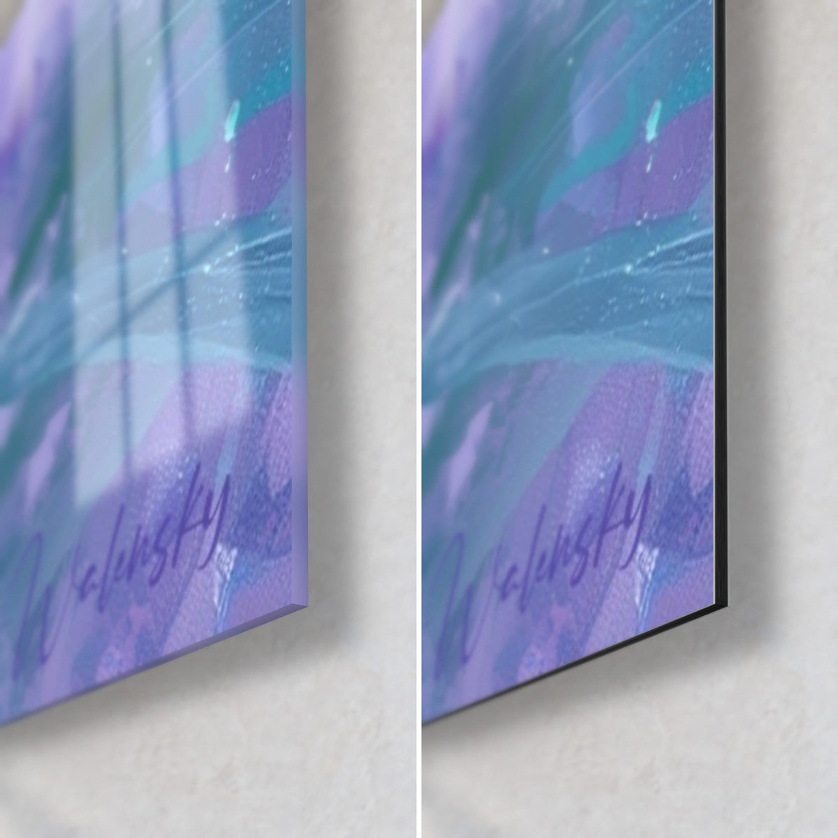 Quadro lavanda in pittura astratta, angolo in basso a destra: vetro lucido a sinistra, Dibond opaco a destra, turchese e viola