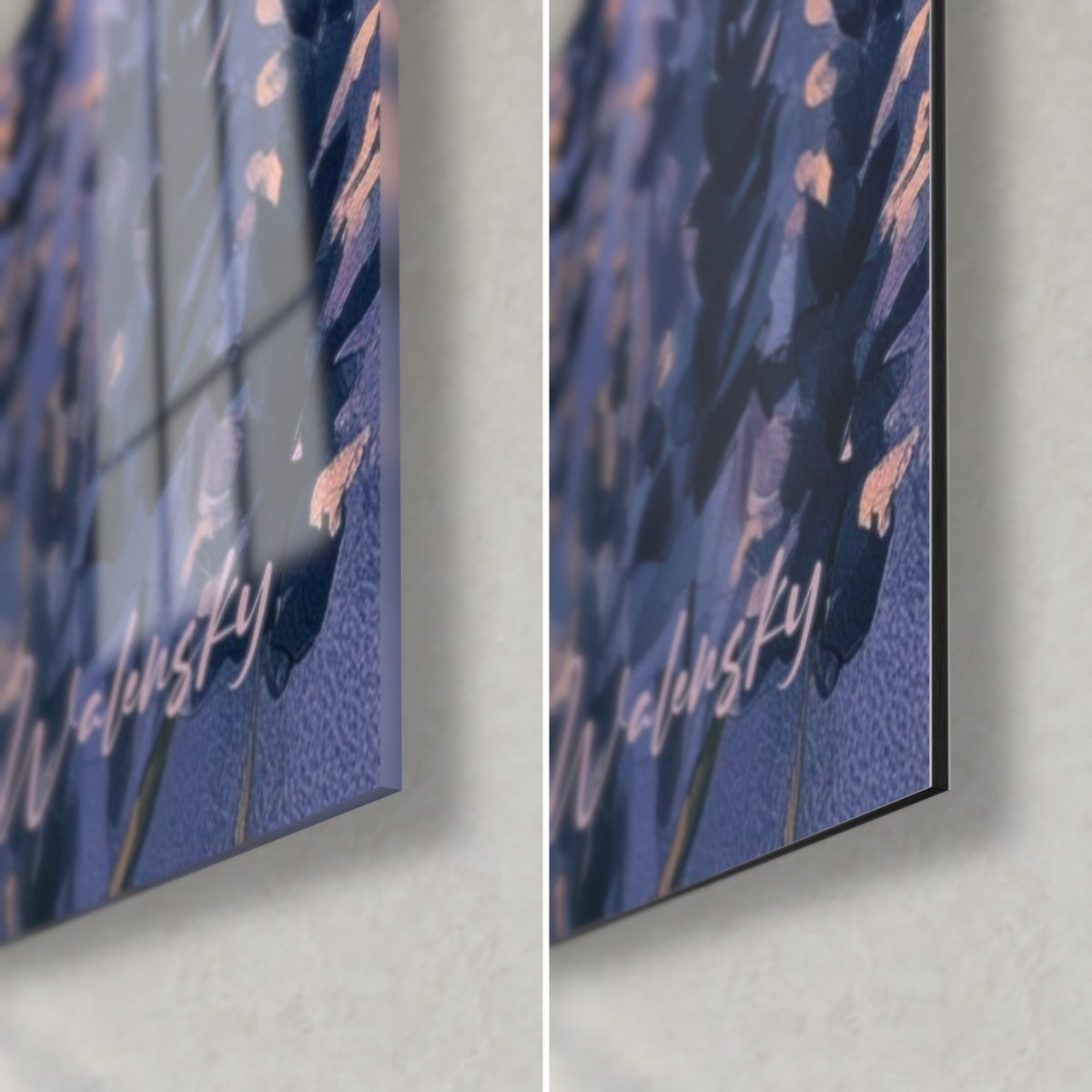 Cuadro espigas de lavanda índigo, esquina inferior derecha: cristal brillante con reflejos, Dibond de aluminio violeta mate, canto de 3 mm