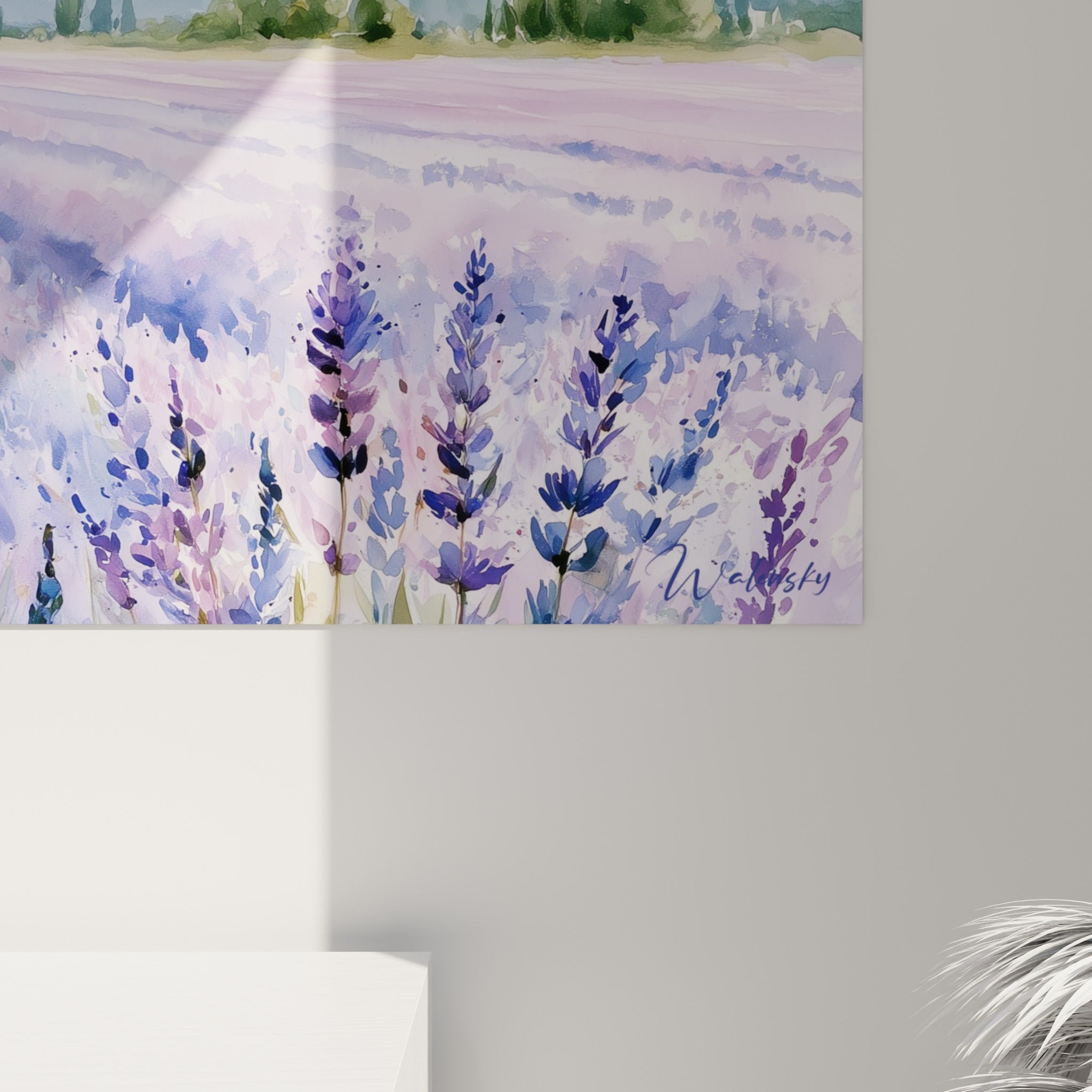 Empâtements violets et mauves du champ de lavande, grain aquarelle visible, coulures délicates sur toile
