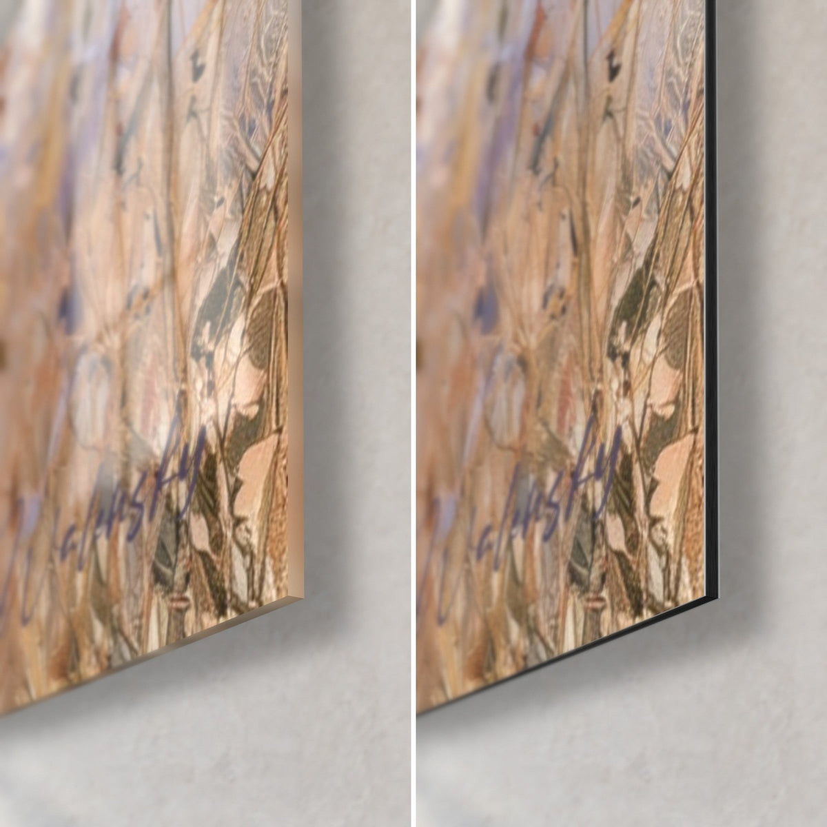 Quadro steli di lavanda viola ed erbe dorate, angolo in basso a destra: vetro acrilico lucido a sinistra, Dibond nero opaco a destra