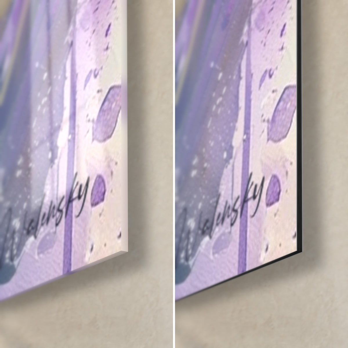 Wall art of lavender in mauve and pink splashes, bottom-right corner in glossy glass and matte Dibond, 3 mm edge