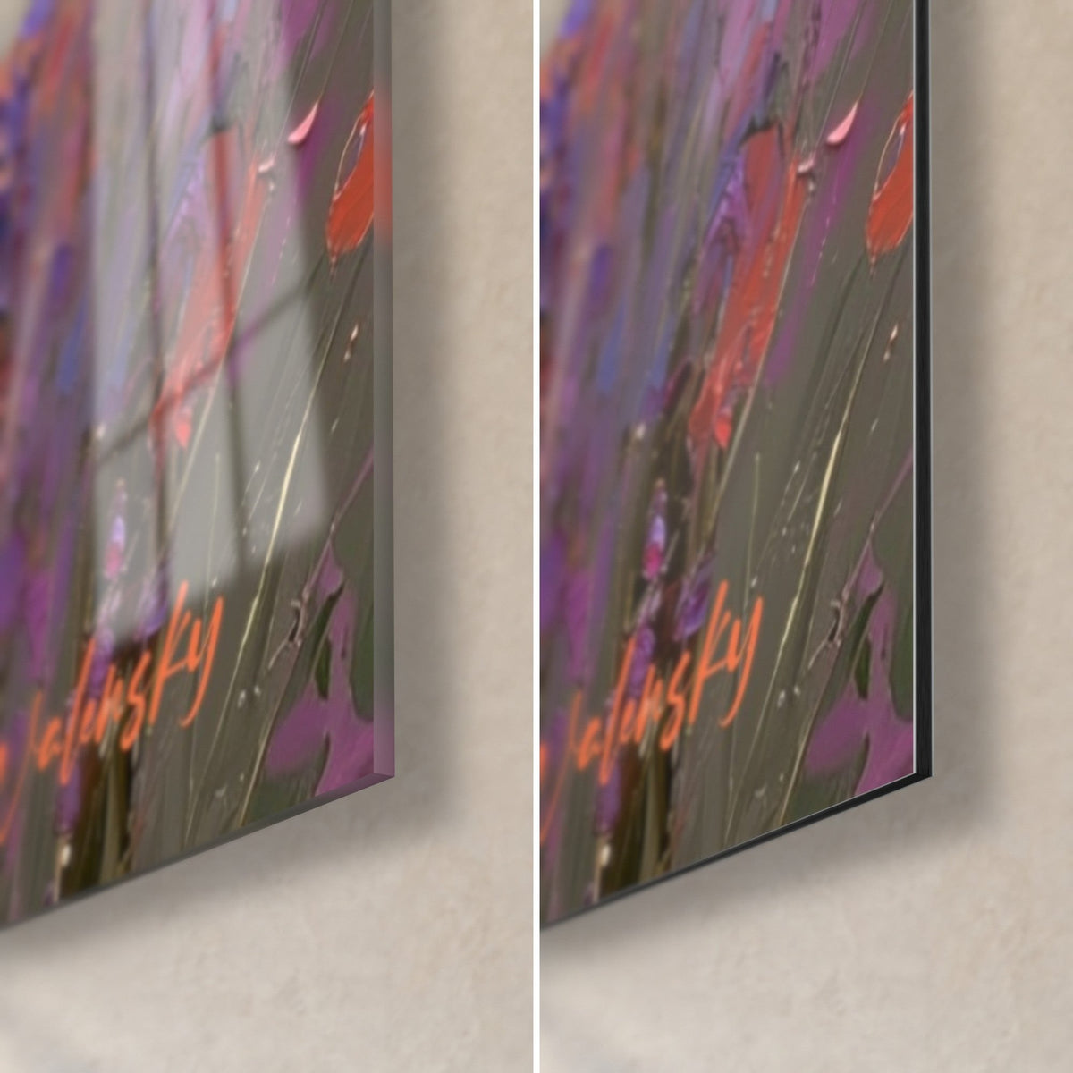 Wall art palette-knife lavender painting, bottom right corner showing glossy glass and matte Dibond, orange signature, visible 3 mm edge