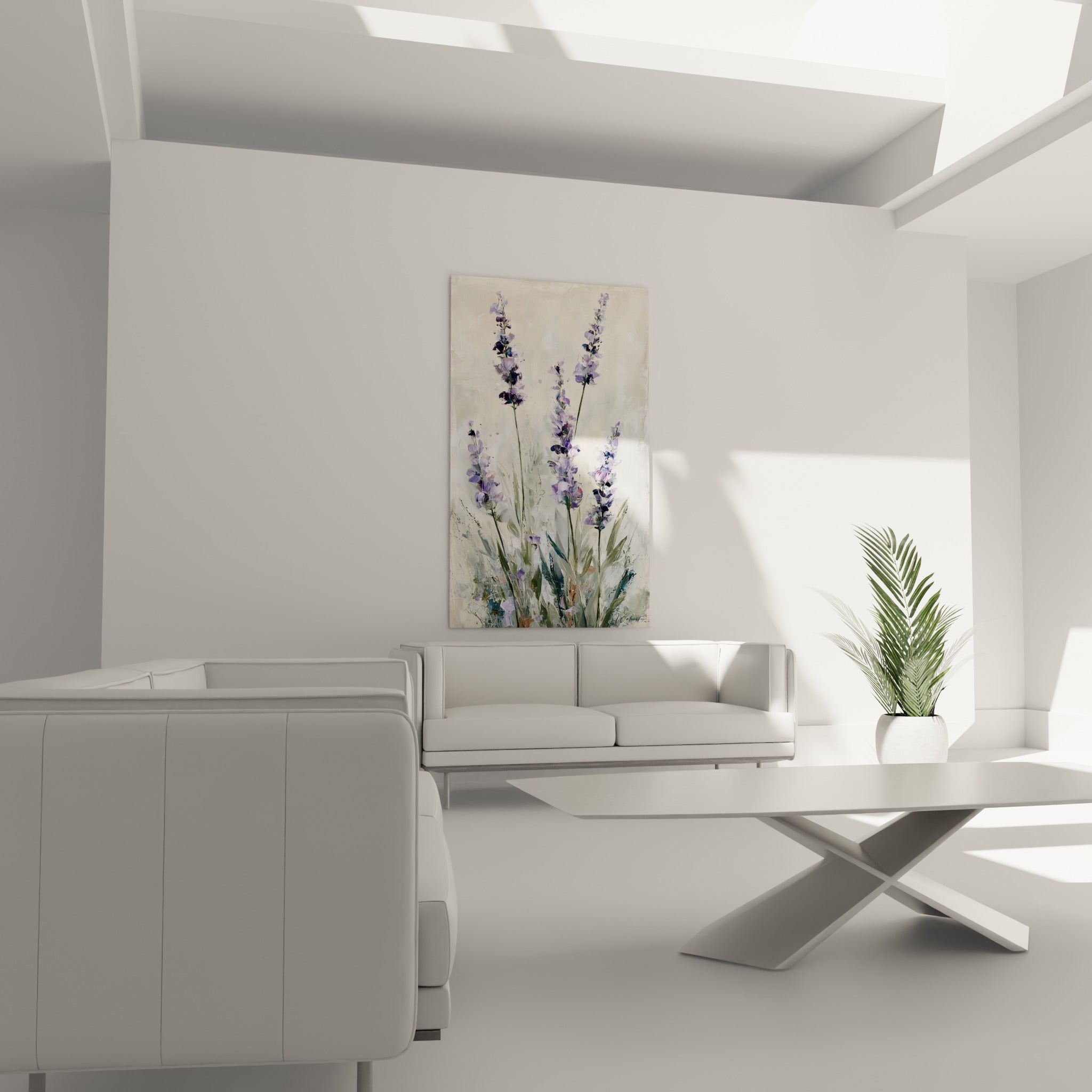 Bouquet de lavande texturée en violet profond au-dessus d'un canapé dans un salon lumineux