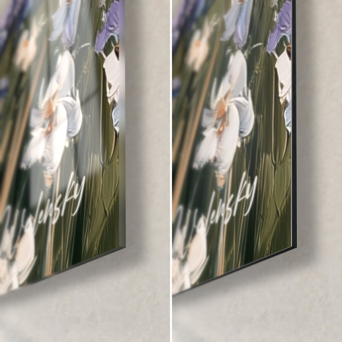 Quadro torretta bianca e lavanda, angolo in basso a destra: vetro acrilico lucido con riflessi, alluminio Dibond nero opaco, spessore del bordo 3 mm