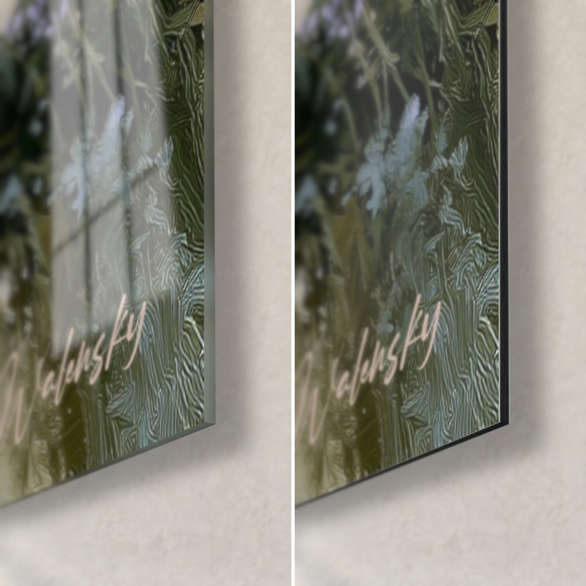 Wall art misty path between lilac lavender, bottom right corner: glossy acrylic glass on the left, matte black Dibond on the right