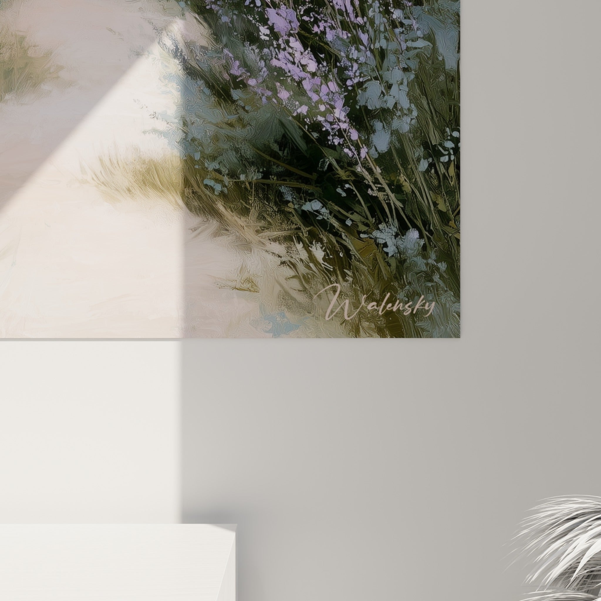 Empâtements violets et touches vertes sur toile, grain visible des fleurs de lavande et du chemin ocre